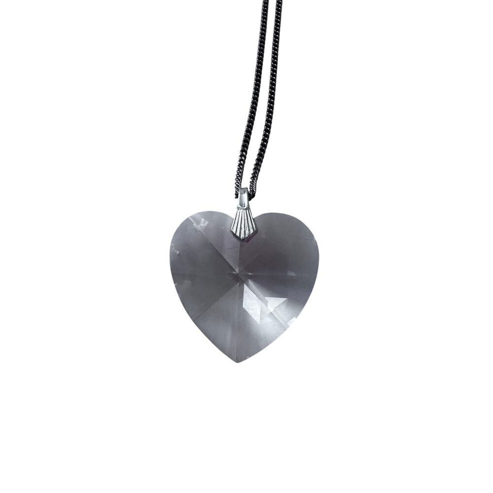 Elegant Dark Metal & Crystal Heart Long Pendant Necklace